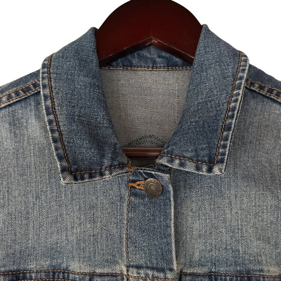 Sold 🎈 Denim Jacket Small Trucker Quilt Square Geometric Star Pinwheel Blue - Picture 2 of 7